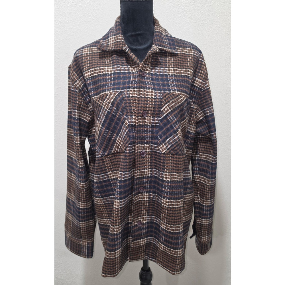Common People Mens Plaid Flannel Button Down Shirt Brown Navy Wool Blend Medium